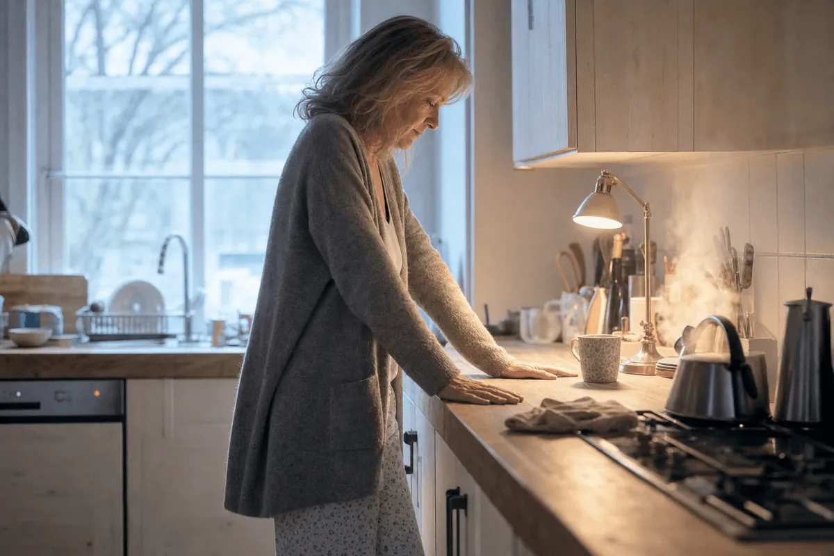 Frau um die sechzig steht früh in der Küche, beide Handflächen flach auf der Arbeitsplatte, daneben dampft der Wasserkocher