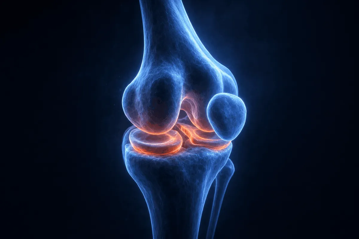 Articulation du genou en bleu radiographique, le pourtour du cartilage enflammé en orange